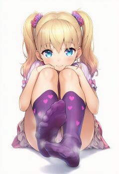 ai-generated blonde_hair blue_eyes dress feet_together foot_focus loli purple_socks short_dress socks soles steaming_body twintails