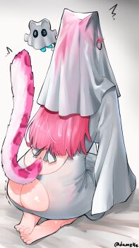 1girl ^^^ absurdres adammaarr ass chattino_(raora_panthera) commentary dress from_behind ghost_costume highres hololive hololive_english long_hair long_sleeves panther_girl panther_tail pink_hair pink_tail raora_panthera seiza sitting tail twitter_username veil virtual_youtuber white_background white_dress white_veil