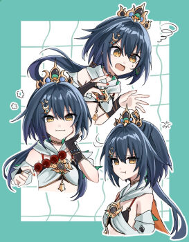 1girl :i :t anger_vein bare_shoulders black_bra black_hair border bra chinese_clothes choker commentary_request detached_sleeves earrings eating green_border hair_between_eyes hair_ornament hairclip hand_on_own_cheek hand_on_own_face headpiece holding holding_skewer honkai:_star_rail honkai_(series) jewelry long_hair looking_at_viewer low_twintails multiple_views open_mouth pout red_nails rishaku_(user_cuwx8758) simple_background single_earring skewer spoken_sparkle squiggle sweatdrop tanghulu twintails underwear yunli_(honkai:_star_rail)
