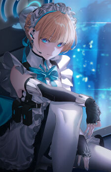 Rule 34 | 1girl, apron, black dress, black gloves, blonde hair, blue archive, blue bow, blue eyes, blue halo, blue nails, blush, bow, bun cover, closed mouth, commentary request, dress, earpiece, elbow gloves, fingerless gloves, gloves, hair bun, halo, highres, kangshi, looking at viewer, maid, maid apron, maid headdress, microphone, pantyhose, sleeveless, sleeveless dress, solo, toki (blue archive), white pantyhose