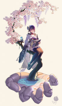 Rule 34 | 1girl, absurdres, armor, artist name, asymmetrical sleeves, benpao de ruoji, blue pupils, book, braid, breasts, bridal gauntlets, cherry blossoms, chewing, cleavage, closed mouth, clothing cutout, commentary, dango, dango milk (genshin impact), eating, flower, food, full body, genshin impact, gradient hair, hair ornament, head tilt, highres, holding, holding book, holding food, huge breasts, in tree, japanese clothes, kimono, large breasts, light blush, long braid, looking at viewer, mechanical hands, mitsudomoe (shape), mole, mole under eye, multicolored eyes, multicolored hair, neck ribbon, off shoulder, open book, purple eyes, purple hair, purple kimono, raiden shogun, red ribbon, red sash, ribbon, sash, shade, shoulder armor, shoulder cutout, single braid, single mechanical hand, sitting, sitting in tree, solo, thighhighs, tomoe (symbol), tree, uneven sleeves, wagashi, water, wide sleeves, wisteria, yellow background