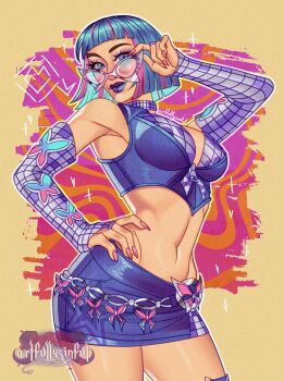 1girl absurdres adjusting_eyewear artfullysinful blue_bustier blue_eyes blue_hair blue_lips blue_skirt blunt_bangs bob_cut boots breasts bridal_gauntlets bustier butterfly_ornament commentary cowboy_shot english_commentary eyeshadow grey_bridal_gauntlets grid_print hand_on_own_hip highres large_breasts looking_at_viewer makeup marvel marvel_rivals midriff miniskirt multicolored_hair navel official_alternate_costume pink_eyeshadow pink_hair pink_nails psylocke psylocke_(psychedelic_pulse) skirt solo sunglasses thigh_boots watermark white-framed_eyewear x-men zipper