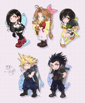 Rule 34 | 2boys, 3girls, aerith gainsborough, armor, baggy pants, basket, black gloves, black hair, black skirt, blonde hair, blue eyes, boots, braid, braided ponytail, breasts, brown eyes, brown hair, buster sword, chibi, chibi only, closed mouth, cloud strife, crop top, crossed bangs, dress, earrings, elbow gloves, final fantasy, final fantasy vii, final fantasy vii rebirth, final fantasy vii remake, flower, full body, gloves, green eyes, green sweater, hair ribbon, hands on own hips, headband, highres, holding, holding basket, jacket, jewelry, large breasts, leaning forward, long hair, looking at viewer, low-tied long hair, materia, miniskirt, multiple boys, multiple girls, pants, parted lips, pink dress, pink ribbon, ponytail, red boots, red eyes, red jacket, ribbon, short hair, shorts, shoulder armor, signature, simple background, skirt, sleeveless, sleeveless turtleneck, smile, socks, sparkle, spiked hair, standing, standing on one leg, suspender skirt, suspenders, sweater, sword, sword on back, tank top, thighhighs, tifa lockhart, turtleneck, turtleneck sweater, vinetsu, water, weapon, weapon on back, white socks, white tank top, yellow flower, yuffie kisaragi, zack fair, zettai ryouiki