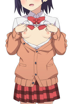 1girl black_hair blush bra bra_lift breasts brown_cardigan cardigan clothes_lift fang gabriel_dropout head_out_of_frame highres morisobo nipples open_cardigan open_clothes open_mouth open_shirt red_skirt shirt simple_background skin_fang skirt small_breasts solo standing underwear vignette_tsukinose_april white_background white_shirt