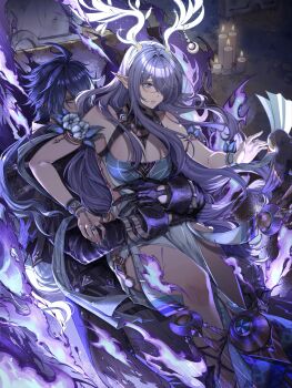 1boy 1girl antlers bare_shoulders bird blue_eyes blue_hair breasts candle cleavage fire flins_(genshin_impact) genshin_impact hair_over_one_eye highres horns hug hug_from_behind lauma_(genshin_impact) pointy_ears purple_fire purple_hair rchella thighs yellow_eyes