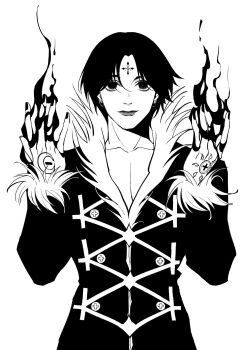 Rule 34 | 1boy, 63roku63, black eyes, black hair, chrollo lucilfer, cross tattoo, earrings, facial mark, forehead mark, forehead tattoo, greyscale, highres, hunter x hunter, jewelry, long sleeves, looking at viewer, male focus, monochrome, short hair, simple background, smile, solo, tattoo, upper body