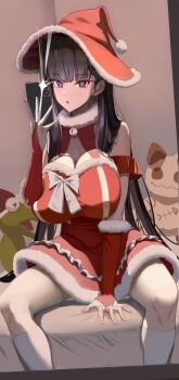 1girl absurdres bare_shoulders black_hair blue_archive blunt_bangs breasts cellphone cleavage commentary dress gloves hat highres holding holding_phone jwh8090 kneehighs korean_commentary large_breasts long_hair looking_at_viewer no_halo open_mouth phone red_dress red_eyes red_gloves ringed_eyes rio_(blue_archive) sitting smartphone socks solo stuffed_toy white_socks witch_hat