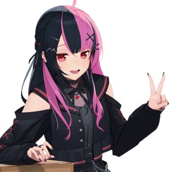 Rule 34 | 1girl, :d, ahoge, arm rest, bang dream!, bang dream! mugendai mewtype, black collar, black hair, black nails, black ribbon, black sailor collar, braid, buttons, clothing cutout, collar, commentary request, cropped, cross-laced clothes, cross-laced sleeves, fingernails, hair ornament, hair ribbon, hairclip, half up braid, highres, jirai kei, long fingernails, long hair, long sleeves, looking at viewer, middle ring, multicolored hair, nail polish, neck ribbon, nuage, open mouth, pink hair, red eyes, ribbon, sailor collar, sengoku yuno, shoulder cutout, simple background, smile, solo, split-color hair, swept bangs, two-tone hair, upper body, v, virtual youtuber, white background, x hair ornament