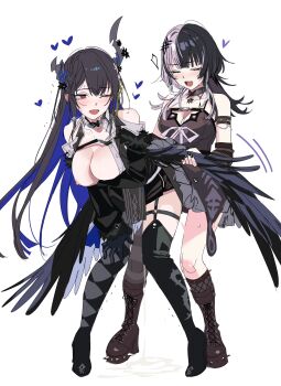 2girls absurdres argyle_clothes argyle_pantyhose arm_strap arm_under_breasts asymmetrical_horns asymmetrical_legwear black_boots black_choker black_dress black_flower black_gloves black_hair black_horns black_nails black_skirt black_socks black_thighhighs blue_hair blush boots breasts breath chest_belt choker closed_eyes clothed_sex colored_inner_hair commentary cum demon_horns dress feathered_wings flower futa_with_female futanari gloves grey_hair hair_ornament heart highres hololive hololive_english horn_flower horns implied_futanari large_breasts long_hair low_wings mismatched_legwear mole mole_under_eye motion_lines multicolored_hair multiple_girls nerissa_ravencroft nerissa_ravencroft_(1st_costume) nipples one_breast_out one_eye_closed open_mouth red_eyes sex sex_from_behind shiori_novella shiori_novella_(1st_costume) shirt single_leg_pantyhose single_sock single_thighhigh skirt socks spiked_boots split-color_hair standing standing_sex striped_arm_warmers striped_clothes striped_thighhighs sweat symbol-only_commentary tassel tassel_hair_ornament thighhighs two-tone_hair uneven_horns uneven_legwear very_long_hair virtual_youtuber white_background white_shirt wings yomosaka