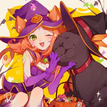 2girls :d ^_^ absurdres alternate_form animal_ears animal_hands bewitching_neeko bewitching_nidalee blush cat_ears cat_tail closed_eyes cougar facial_mark fang fangs green_eyes halloween hat highres league_of_legends looking_at_another medium_hair multiple_girls neeko_(league_of_legends) nidalee one_eye_closed open_mouth orange_hair petting ruan_chen_yue signature smile tail upper_body whisker_markings witch_hat
