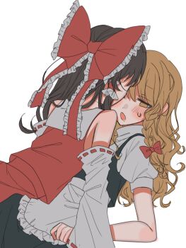 2girls amatukimahoro apron black_dress black_hair blonde_hair blush bow commentary_request detached_sleeves dress hair_bow hakurei_reimu highres kirisame_marisa long_hair multiple_girls open_mouth red_bow red_shirt shirt simple_background sleeveless sleeveless_shirt sweat touhou white_apron white_background white_shirt yellow_eyes yuri