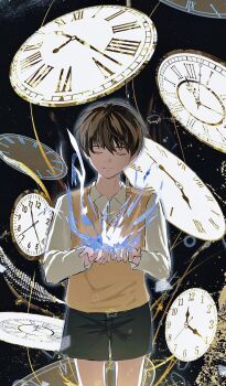 1boy 8d2suga9 black_shorts blue_fire closed_eyes collared_shirt commentary english_commentary facing_viewer feet_out_of_frame fire glowing head_tilt highres kim_dokja male_focus oldest_dream omniscient_reader&#039;s_viewpoint own_hands_together pocket_watch ribbon shirt shorts sky smile solo space star_(sky) starry_sky vest watch white_shirt yellow_ribbon yellow_vest