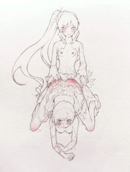 2girls all_fours ass bdsm bent_over blush breasts commission embarrassed female_focus femdom full_body functionally_nude grabbing_another's_ass groping highres kneeling lineart long_hair motion_lines multiple_girls nipples partially_undressed qiansheng01744 ruby_rose rwby second-party_source sex sex_from_behind short_hair side_ponytail simple_background small_breasts smile spanking spot_color sweat tiara weiss_schnee white_background yuri