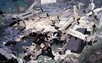 2b_(nier:automata) bird flight_unit_ho229 highres himiko_(326ontheweb) nier_(series) pod_(nier:automata) weapon white_bird