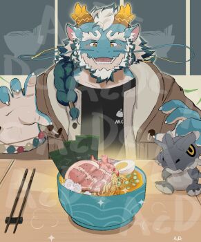 1boy acdc_233 alternate_costume animal_ear_fluff aqua_hair aqua_skin bara beard blush braid braided_ponytail character_doll chopsticks colored_skin doll dragon_boy dragon_horns facial_hair food full_beard furry furry_male hands_up happy highres horns hungry jacket long_mustache male_focus mature_male multicolored_hair mustache noodles prehensile_facial_hair qinglong_(housamo) ramen shirt solo thick_beard tokyo_houkago_summoners two-tone_beard two-tone_hair upper_body