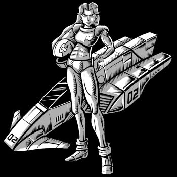 1girl black_background f-zero f-zero_x facing_viewer full_body gloves greyscale hand_on_own_hip helmet highres imamura_takaya jody_summer long_hair looking_at_viewer monochrome muscular muscular_female nintendo smile solo unworn_headwear unworn_helmet white_cat_(f-zero)