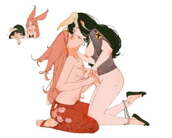 1futa 1girl animal_ears barefoot black_hair blunt_bangs blush breasts cum erection felt_(spindle_(aidenr0)) french_kiss futa_with_female futa_without_pussy futanari grabbing_another&#039;s_breast groping hand_on_another&#039;s_neck handjob highres horns kiss long_hair medium_breasts medium_penis nanami_(spindle_(aidenr0)) original penis rabbit_ears rabbit_tail spindle_(aidenr0) tail thighs two-handed_handjob uncensored underwear white_background