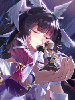 2girls arms_up black_collar black_hair black_sleeves blush braid brown_hair bun_with_braided_base closed_eyes closed_mouth collar colored_tips columbina_(genshin_impact) commentary crying detached_collar detached_sleeves dress english_commentary feathered_wings genshin_impact gloves hair_bun hair_ornament half_gloves head_wings headdress highres mini_person minigirl multicolored_hair multiple_girls multiple_wings purple_hair sandrone_(genshin_impact) short_hair_with_long_locks sitting sky star_(sky) starry_sky tears viviwi white_dress white_headdress white_wings wide_sleeves winding_key wing_hair_ornament wings