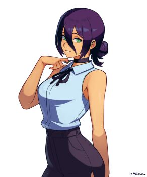 1girl absurdres artist_name bare_arms bare_shoulders black_choker black_ribbon black_shorts breasts chainsaw_man choker collared_shirt green_eyes grenade_pin hair_between_eyes hair_bun highres medium_breasts medium_hair neck_ribbon parted_lips purple_hair reze_(chainsaw_man) ribbon shirt shorts sleeveless sleeveless_shirt smgold smile solo updo white_background white_shirt