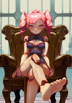 1girl absurdres armchair barefoot blush chair crossed_legs doll_joints feet highres joints long_hair looking_at_viewer original parted_lips pink_hair purple_eyes soles suzhitu toes twintails
