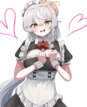 1girl alternate_costume apron black_dress blue_archive blush bow braid breasts cleavage cleavage_cutout clothing_cutout dress earrings eri_(blue_archive) frilled_apron frills grey_hair hair_between_eyes halo highres jewelry large_breasts long_hair looking_at_viewer maid maid_apron maid_headdress open_mouth orange_halo puffy_short_sleeves puffy_sleeves red_bow sabnak66 short_sleeves side_braid simple_background solo sweat very_long_hair waist_apron white_apron white_background wrist_cuffs