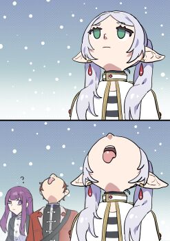 absurdres black_robe breasts capelet closed_mouth coat dress earrings elf fern_(sousou_no_frieren) floating_earrings frieren goku_and_vegeta_in_the_rain_(meme) green_eyes highres jewelry long_hair long_sleeves meme multiple_girls parted_bangs pointy_ears purple_eyes purple_hair purple_pupils red_coat red_hair robe sakana_(fishchunk) simple_background sousou_no_frieren stark_(sousou_no_frieren) teardrop_earrings twintails upward_angle_frieren_drawing_(meme) white_capelet white_hair