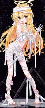 1girl a1u absurdres bandages blonde_hair blue_archive blush breasts commentary full_body halo highres long_hair open_mouth small_breasts solo yoshimi_(blue_archive) yoshimi_(halloween)_(blue_archive)