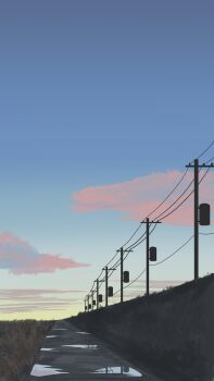 absurdres blue_sky cloud commentary gradient_sky grass highres kani_etizen03 no_humans orange_clouds original outdoors path power_lines puddle reflection road scenery sky utility_pole water yellow_sky