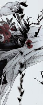 1boy charon_(reverse:1999) flower gloves grey_background gyujik_qzc hand_up highres knife male_focus object_head poppy_(flower) portrait reverse:1999 sideways solo thorns veil white_gloves white_veil