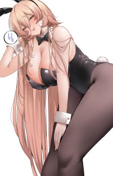 Rule 34 | 1girl, absurdres, animal ear hairband, animal ears, bare shoulders, bent over, black bow, black bowtie, black leotard, blonde hair, blush, bow, bowtie, breasts, brown pantyhose, commentary, detached collar, embarrassed, fake animal ears, fake tail, fang, hair between eyes, hairband, half-closed eyes, highleg, highleg leotard, highres, large breasts, leotard, long hair, looking at viewer, nekozane ryo, nijisanji, nui sociere, open mouth, pantyhose, playboy bunny, rabbit ear hairband, rabbit ears, rabbit tail, simple background, skin fang, solo, spoken sweatdrop, strapless, strapless leotard, sweatdrop, tail, thighs, very long hair, virtual youtuber, wavy mouth, white background, wing collar, wrist cuffs, yellow eyes