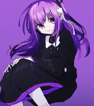 Rule 34 | 1girl, black dress, black shirt, closed mouth, collar, collared dress, commentary request, contrast collar, dress, feet out of frame, floating hair, gloves, gradient background, hair ribbon, hands on own knees, headset, highres, light smile, long dress, long hair, long sleeves, looking to the side, migimiya yoru, one side up, purple background, purple eyes, purple hair, radio antenna, ribbon, shikigami, shirt, sitting, solo, sound wave, thighhighs, tsukumo shion, turtleneck, turtleneck shirt, undershirt, utau, white collar, white gloves, white ribbon, white thighhighs