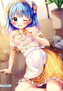 1girl absurdres apron arm_support artist_name blue_eyes blue_hair blush bow bra bra_visible_through_clothes breasts collarbone collared_shirt dengeki_moeoh fallen_down glass gradient_hair hair_bow headdress highres indoors long_hair looking_at_viewer magazine_scan medium_skirt multicolored_hair on_floor one_eye_closed open_mouth orange_bow orange_skirt original page_number pink_bra pink_hair plant potted_plant raised_inner_eyebrows scan see-through_clothes see-through_shirt shiny_skin shirt short_sleeves skirt small_breasts solo striped_clothes striped_skirt sugutsuka_rerun third-party_source tray two_side_up underwear vertical-striped_clothes vertical-striped_skirt waist_apron wet wet_clothes wet_shirt white_apron wooden_floor