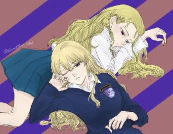 Rule 34 | 2girls, alternate hairstyle, anmitsu sd, assam (girls und panzer), bare legs, blue eyes, blue skirt, blue sweater, emblem, girls und panzer, hair down, head on another's back, highres, long hair, long sleeves, lying, miniskirt, multiple girls, necktie, no legwear, on stomach, partially undressed, pleated skirt, purple eyes, school uniform, skirt, st. gloriana's (emblem), st. gloriana's school uniform, striped background, sweater, unworn necktie, yuri