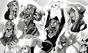 bikini bikini_top_only breasts chibimon chicomon digimon goggles goggles_around_neck highres hood hoodie parody sharp_teeth shinomiya_rina smiling_friends sparkle style_parody swimsuit teeth ulforcev-dramon v-mon
