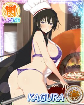 1girl :o apron ass black_eyes black_hair blue_pupils border bra breasts brick_oven card_(medium) character_name chef_hat fire flat_top_chef_hat flower-shaped_pupils food from_behind game_cg hat kagura_(senran_kagura) kitchen large_breasts leaning_forward light_blush long_hair looking_at_viewer looking_back margherita_pizza nearly_naked_apron official_art oven panties peel_(tool) pizza plate plate_stack purple_bra purple_panties senran_kagura senran_kagura_new_wave solo sweat sweatdrop symbol-shaped_pupils third-party_source underwear underwear_only very_long_hair white_apron