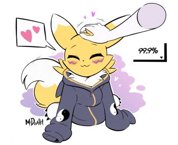 1girl :3 animal_ears animal_nose arm_support artist_name black_jacket blush body_fur closed_mouth digimon digimon_(creature) disembodied_hand facial_mark female_focus flat_color fox_ears fox_girl fox_tail full_body furry furry_female hand_on_another&#039;s_head happy headpat heart highres hood hood_down hooded_jacket jacket leaning_forward motion_lines mr._death neck_fur outline oversized_clothes oversized_jacket renamon signature sitting sleeves_past_fingers sleeves_past_wrists smile solo_focus speech_bubble spoken_heart tail tail_wagging two-tone_fur wariza white_background white_fur white_outline yellow_fur yin_yang