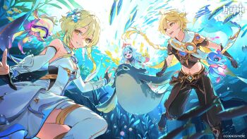 1boy 2girls aether_(genshin_impact) bare_shoulders black_gloves blonde_hair boots brother_and_sister dress flower genshin_impact gloves hair_between_eyes hair_flower hair_ornament highres lumine_(genshin_impact) multiple_girls official_art paimon_(genshin_impact) parted_lips partially_fingerless_gloves short_hair_with_long_locks siblings smile thigh_boots twins underwater white_boots white_dress white_flower white_hair yellow_eyes