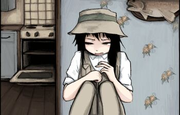 1girl animated animated_gif black_hair cigarette closed_eyes commentary commission crimescenepartz crying dress_shirt english_commentary european_architecture explosion fish floral_print_wall gas_leak hat hat_ribbon house kitchen kitchen_range knees_up lighting_cigarette long_hair mounted_fish on_floor original oven pants ribbon shirt sleeves_rolled_up smoking solo stove straight-on suicide tears tears_from_one_eye vest wallpaper_(object) white_shirt