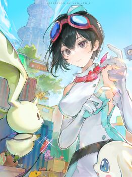 1girl absurdres agumon bare_shoulders black_hair breasts city cowboy_shot digimon digimon_(creature) digimon_story:_time_stranger dog dress funbeemon goggles goggles_on_head green_dress highres kuramon medium_breasts plotmon punimon red_scarf scarf short_hair solo_focus terriermon two-tone_dress tyumon usb white_dress yanlianp yuuki_kanan