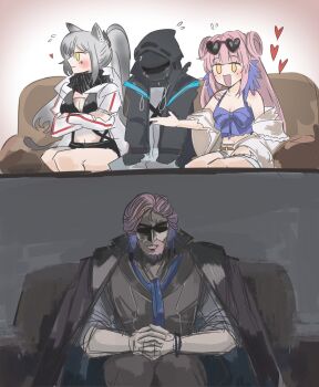 Rule 34 | animal ears, arknights, bird girl, cat ears, cat girl, ceylon (arknights), colorized, doctor (arknights), dohri rtsaid, father and daughter, glasses, herman doykos (arknights), highres, schwarz (arknights), tagme