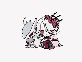 1other :3 animal_ears bat_wings black_footwear black_sleeves blue_eyes creature crinoline dot_nose dress flower flower_hairpin fluffy frilled_sleeves frills grey_flower grey_fur grey_rose highres livly livly_island long_hair looking_at_flower monster multicolored_eyes no_mouth parted_bangs red_dress red_eyes red_flower red_rose red_wings rose symbol_in_eye two-tone_eyes two-tone_fur ukuktgu vampire very_long_hair volf_(livly_island) white_background white_fur white_hair wings wolf wolf_ears wolf_paws