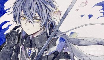 1boy arm_up black_capelet black_gloves capelet collared_capelet colored_eyelashes commentary_request crossed_bangs double-parted_bangs english_text flins_(genshin_impact) floating_hair flower gem genshin_impact gloves hair_between_eyes happy_birthday highres lailai0178223 long_hair long_sleeves looking_to_the_side male_focus petals solo upper_body watermark white_background yellow_eyes