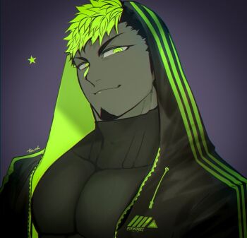 Rule 34 | 1boy, alternate costume, bara, black hair, facial hair, glowing, glowing eyes, goatee, green eyes, green hair, green theme, head tilt, hood, hood up, ikusaba daisuke, long sideburns, looking at viewer, male focus, multicolored hair, muscular, muscular male, shirt, short hair, sideburns, smug, solo, sportswear, taurus mask, taut clothes, taut shirt, tokyo houkago summoners, touoh, two-tone hair
