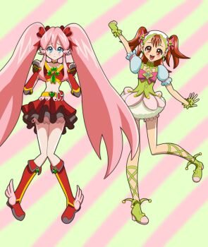 2girls akahane_hina_(it_man) arm_up blue_eyes blush boots borrowed_character bow brown_hair cosplay costume crop_top cure_ange_(it_man) cure_ange_(it_man)_(cosplay) cure_daisy_(galibo) cure_daisy_(galibo)_(cosplay) detached_collar earrings fingerless_gloves full_body gloves hair_bow highres it_man jewelry knee_boots long_hair magical_girl multiple_girls original pink_bow pink_hair precure shoes short_hair sidelocks skirt smile striped_background switch tarano_may_(galibo) twintails two_side_up