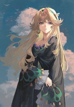 1girl absurdres beryl_bouanich black_cloak blonde_hair blue_eyes blue_sky cloak cloud cloudy_sky crescent crescent_earrings crystal_earrings dragonfly_hair_ornament earrings floating_earrings floating_hair highres jewelry kuroja long_hair looking_afar mismatched_earrings parted_lips reverse:1999 simple_bird sky solo upper_body