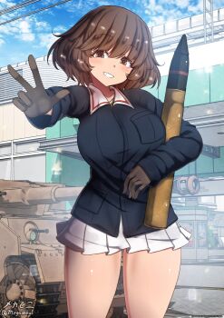 Rule 34 | 1girl, akiyama yukari, ammunition, black gloves, blush, breasts, brown eyes, brown hair, girls und panzer, gloves, grin, large breasts, looking at viewer, megadeko, military uniform, military vehicle, miniskirt, motor vehicle, ooarai military uniform, outdoors, short hair, skirt, smile, solo, tank, tank shell, w