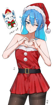 Rule 34 | 1girl, absurdres, bare arms, bare shoulders, cat, christmas, christmas present, commentary, cowboy shot, dress, gift, hat, heart, heart hands, highres, hololive, hoshimachi suisei, long hair, off-shoulder dress, off shoulder, one eye closed, pantyhose, red dress, santa costume, santa hat, simple background, solo, star (symbol), star in eye, symbol-only commentary, symbol in eye, takoyaki (hoshimachi suisei), virgo76612871, virtual youtuber, white background