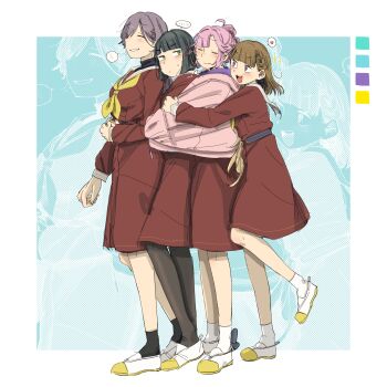 +++ ... 4girls 524ryo :d absurdres ahoge anyoji_hime black_hair black_pantyhose blue_background blunt_bangs blunt_ends blush bob_cut border braid breasts brown_dress brown_hair center-flap_bangs closed_eyes commentary dress flower flower_knot full_body green_eyes grey_hair hair_flower hair_ornament hasu_no_shoushihenkei hasu_no_sora_school_uniform heart highres hood hooded_jacket jacket jellyfish_cut kachimachi_kosuzu katsuragi_izumi link!_like!_love_live! long_hair long_sleeves love_live! medium_breasts medium_dress momose_ginko multi-tied_hair multiple_girls neckerchief open_clothes open_jacket open_mouth outside_border pantyhose pink_eyes pink_hair pink_jacket pleated_dress ponytail sailor_collar sailor_dress school_uniform shared_clothes shared_jacket shoes short_hair side_braids sidelocks smile sparkle speech_bubble spoken_+++ spoken_ellipsis spoken_heart symbol-only_commentary triangle_hair_ornament turtleneck uwabaki virtual_youtuber white_border white_flower white_sailor_collar winter_uniform yellow_neckerchief yellow_shoes zoom_layer