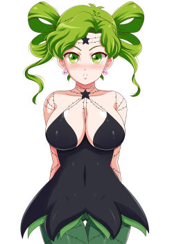 Rule 34 | 1girl, :o, absurdres, bare shoulders, between breasts, bishoujo senshi sailor moon, bishoujo senshi sailor moon s, breasts, cameltoe, cleavage, collarbone, commentary, covered erect nipples, covered navel, cowboy shot, criss-cross straps, criss-cross strings, crown of thorns, dress, earrings, english commentary, facial mark, gluteal fold, green dress, green eyes, green hair, green pantyhose, helltzujih, highres, jewelry, large breasts, looking at viewer, open mouth, pantyhose, short hair, simple background, solo, sphere earrings, star (symbol), star facial mark, strap between breasts, tellu (sailor moon), thorns, two-tone dress, white background, witches 5