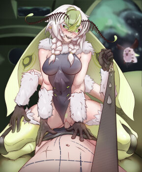 1girl absurdres antennae arthropod_girl black_sclera black_tongue breasts chitin colored_sclera commentary cow_girl crunchytoast33 english_commentary extra_arms femdom highres indie_virtual_youtuber insect_girl insect_wings juniper_actias leotard monster_girl moth_antennae moth_girl moth_wings pussy sex thighs vaginal virtual_youtuber wings